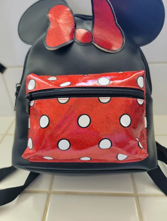 Disney Minnie Mouse Black Backpack with Red Polka Dot Pocket and Bow - Picture 2 of 12